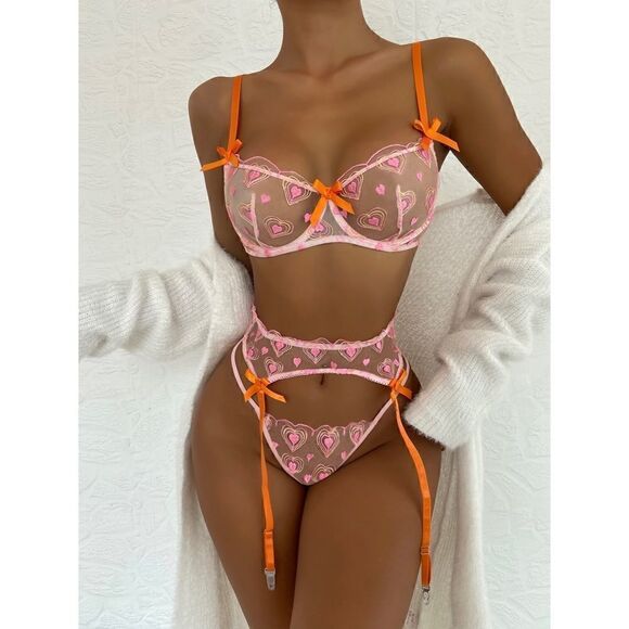 Sexy Sheer Heart Embroidered Lingerie Set - Picture 1 of 15